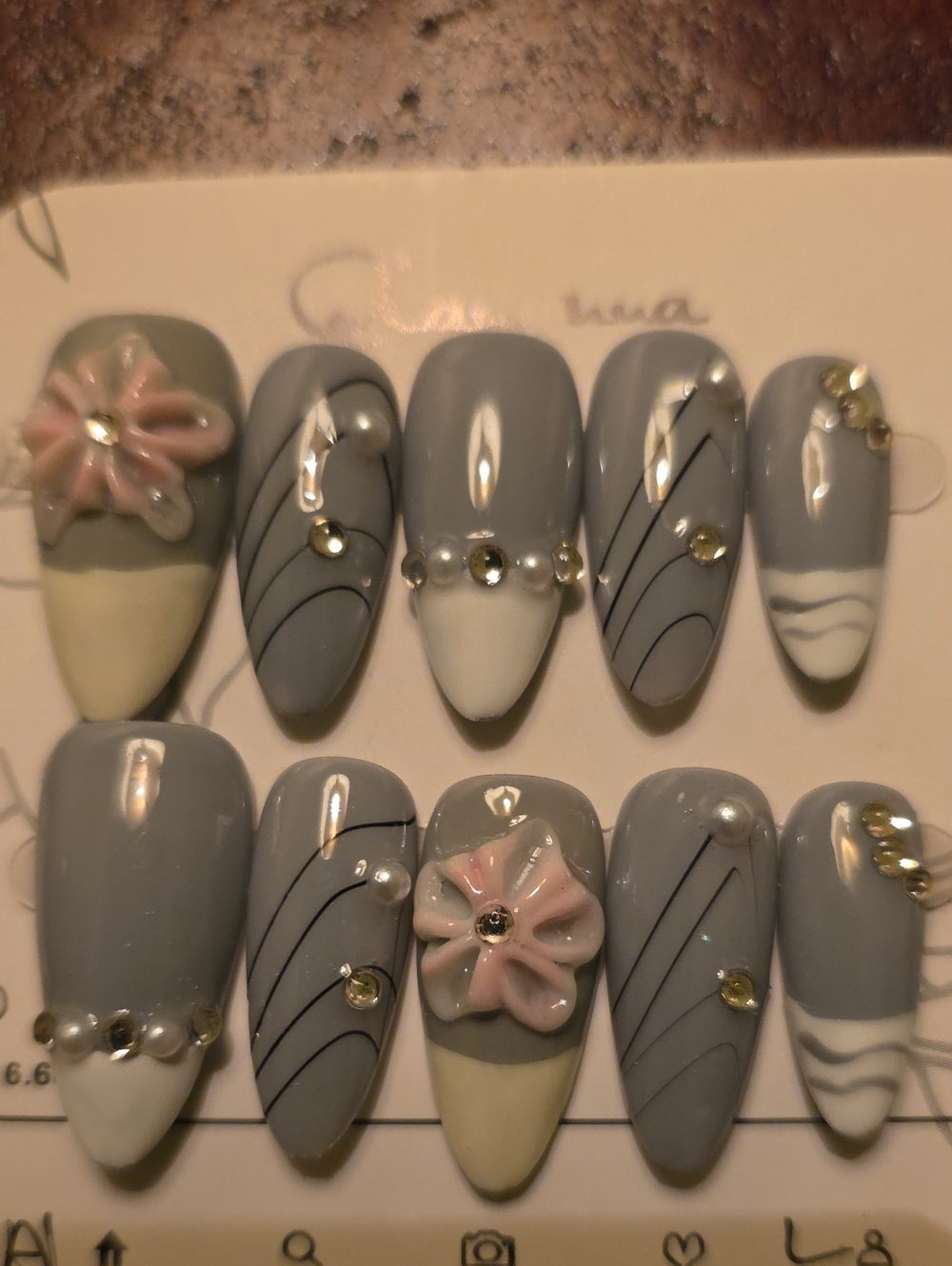 Gray & White Floral Pearl Accent Press-On Nails